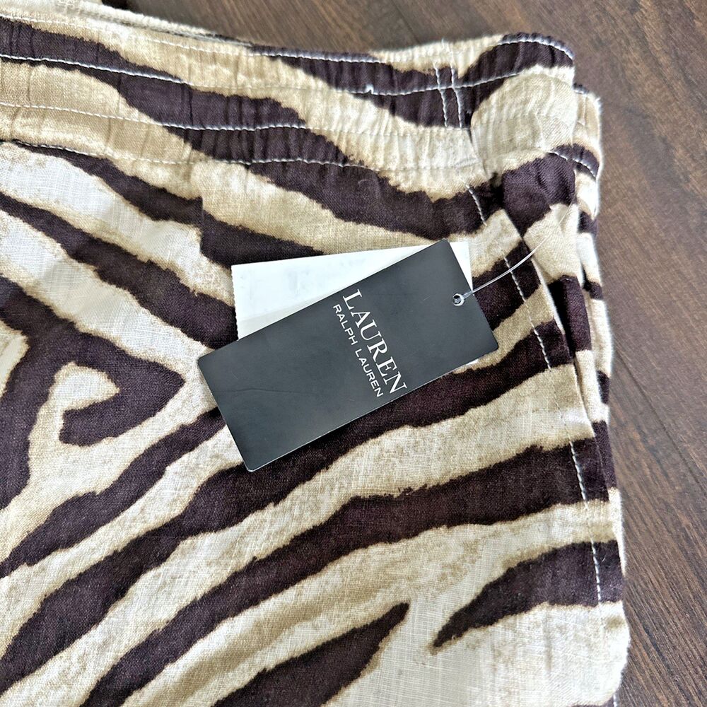 Lauren Ralph Lauren Women's Zebra-Print Linen Wide-Leg Pants Cream Brown XXL - Picture 9 of 13